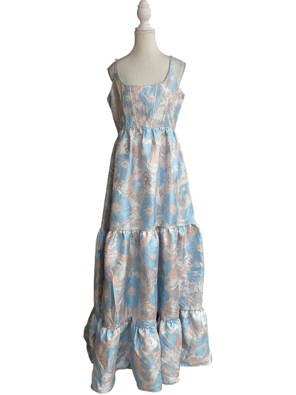 Lulus Avalie Floral Tiered Bustier Maxi Dress Cream Light Blue